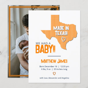 Orange Herringbone Made in Texas Photo Baby Announcement