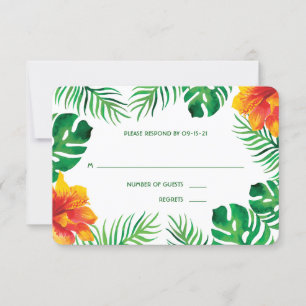 Orange Hibiscus and Tropical Leaves 2 RSVP Card