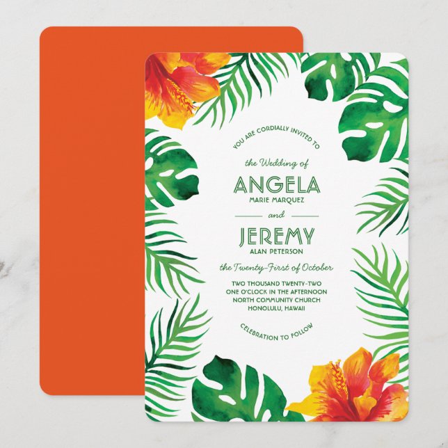 Orange Hibiscus and Tropical Leaves 2 Wedding Invitation (Front/Back)