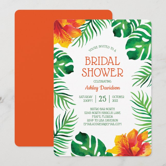 Orange Hibiscus and Tropical Leaves Bridal Shower Invitation (Front/Back)