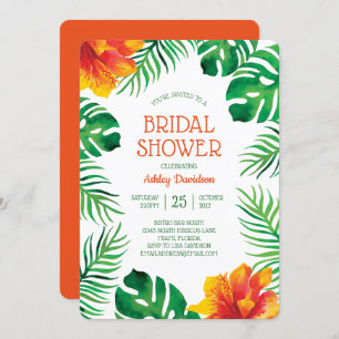 Orange Hibiscus and Tropical Leaves Bridal Shower Invitation