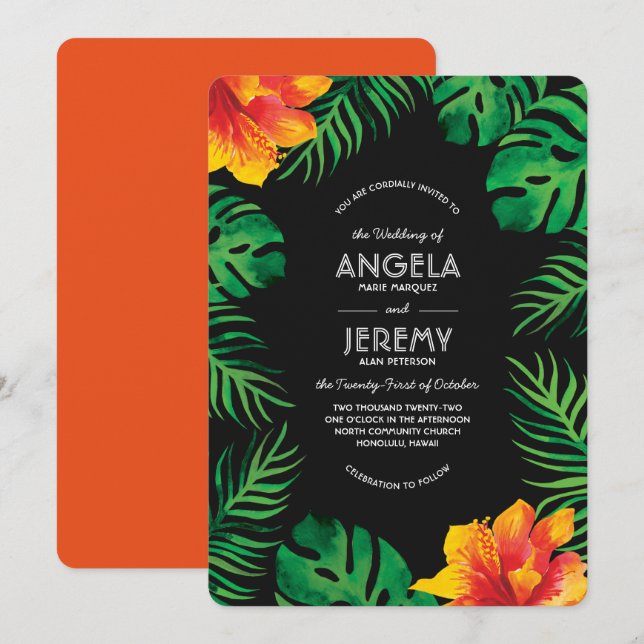 Orange Hibiscus and Tropical Leaves Wedding Invitation (Front/Back)