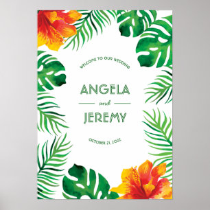 Orange Hibiscus and Tropical Leaves Wedding Poster
