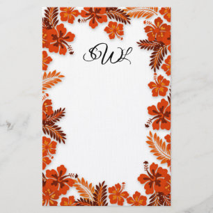Orange Hibiscus Border Monogrammed Blank Paper
