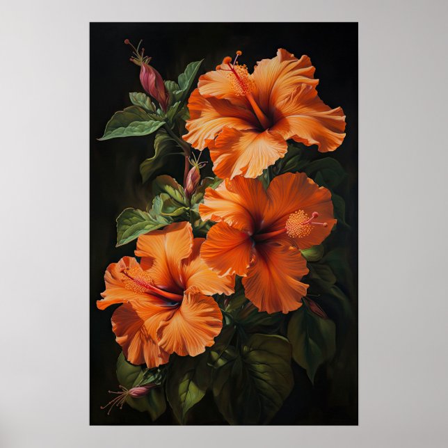 Orange Hibiscus Flower Art Print Poster (Front)