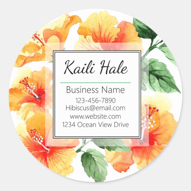 Orange Hibiscus Flower Business Card Sticker (Front)