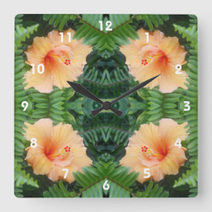Orange Hibiscus Flower Pattern Square Wall Clock