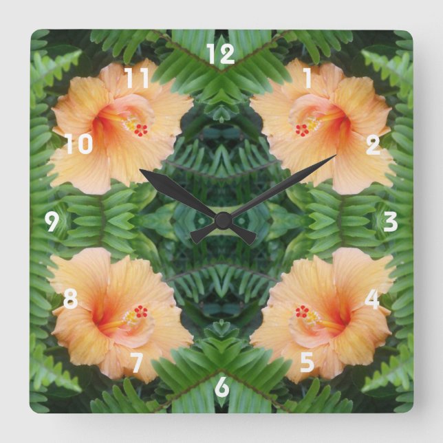 Orange Hibiscus Flower Pattern Square Wall Clock (Front)