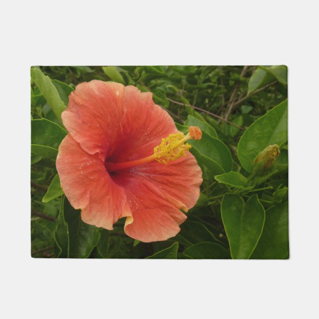 Orange Hibiscus Flower Tropical Floral Doormat (Front)