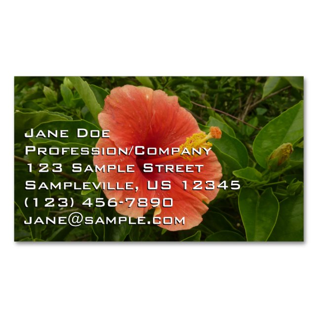Orange Hibiscus Flower Tropical Floral Magnetic Business Card (Front)