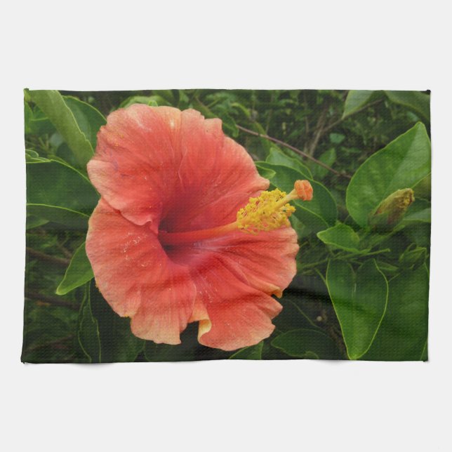 Orange Hibiscus Flower Tropical Floral Tea Towel (Horizontal)