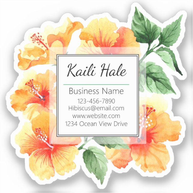 Orange Hibiscus Flower Vinyl Business Card Sticker (Front)