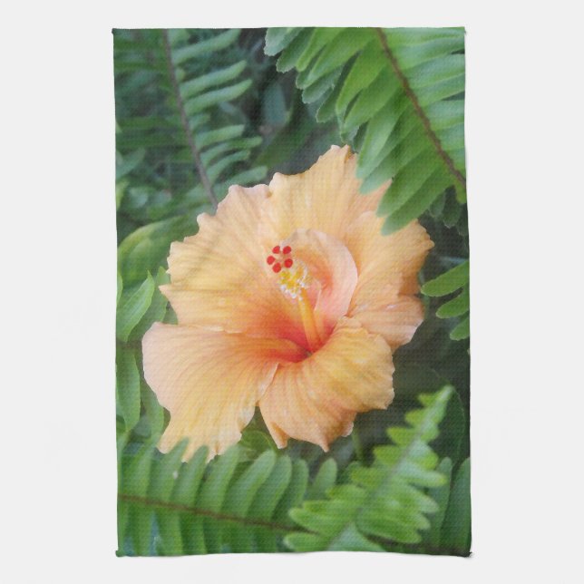 Orange Hibiscus Flower with Ferns Tea Towel (Vertical)