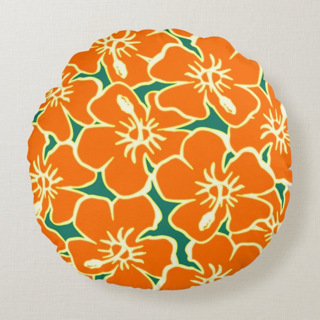 Orange Hibiscus Flowers Tropical Hawaiian Luau Round Cushion (Front)