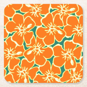 Orange Hibiscus Flowers Tropical Hawaiian Luau Square Paper Coaster