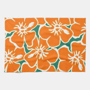 Orange Hibiscus Flowers Tropical Hawaiian Luau Tea Towel