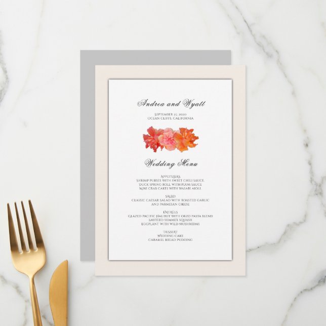 Orange Hibiscus Hawaiian Wedding Menu Template (Front/Back In Situ)