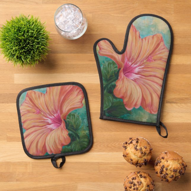 Orange Hibiscus Oven Mitt & Pot Holder Set (Top Down)