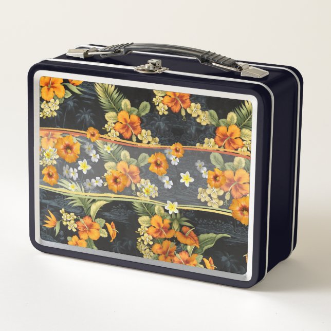 Orange Hibiscus Retro Aloha Shirt Print Metal Lunch Box (Front)
