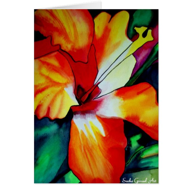 Orange Hibiscus tropical flower watercolor art (Front)
