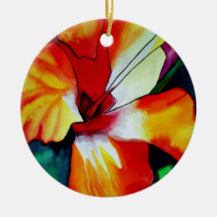 Orange Hibiscus tropical flower watercolor art Ceramic Tree Decoration