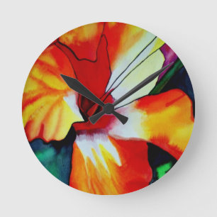 Orange Hibiscus tropical flower watercolor art Round Clock
