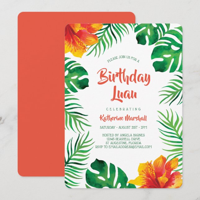 Orange Hibiscus Tropical Leaves Birthday Luau Invitation (Front/Back)