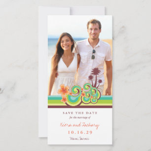 Orange Hibiscus Tropical Teal Waves Beach Photo Save The Date