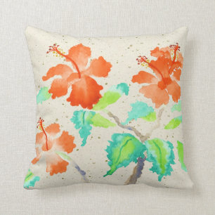 Orange Hibiscus Watercolor Painting Beige Washi Cushion
