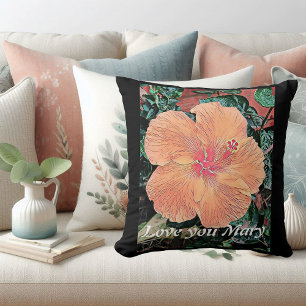 Orange Hibiscus Watercolor  Tropical Flower Bloom Cushion