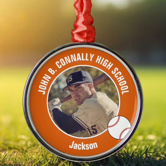 Orange High School Baseball Player Photo Christmas Metal Tree Decoration (Creator Uploaded)