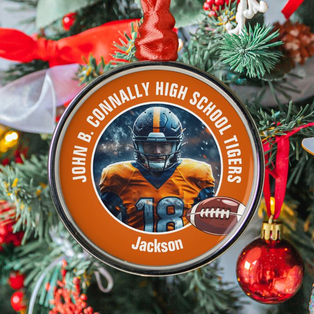Orange High School Football Player Photo Christmas Metal Tree Decoration (Creator Uploaded)