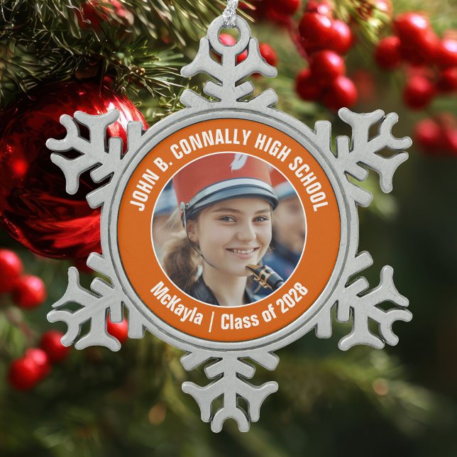 Orange High School Marching Band Photo Gift Snowflake Pewter Christmas Ornament (Creator Uploaded)