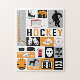 Orange Hockey Elements Stick Puck Player Jigsaw Puzzle