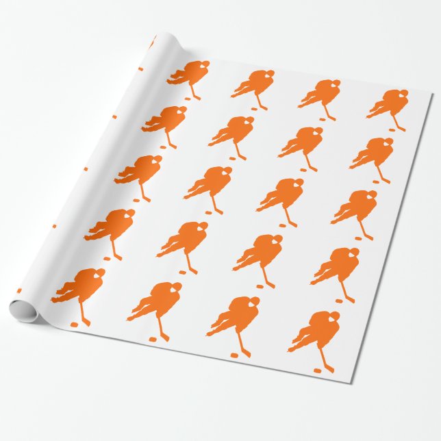 ORANGE HOCKEY PLAYER WRAPPING PAPER (Unrolled)