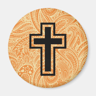 Orange Holy Christian Cross Wooden Magnet