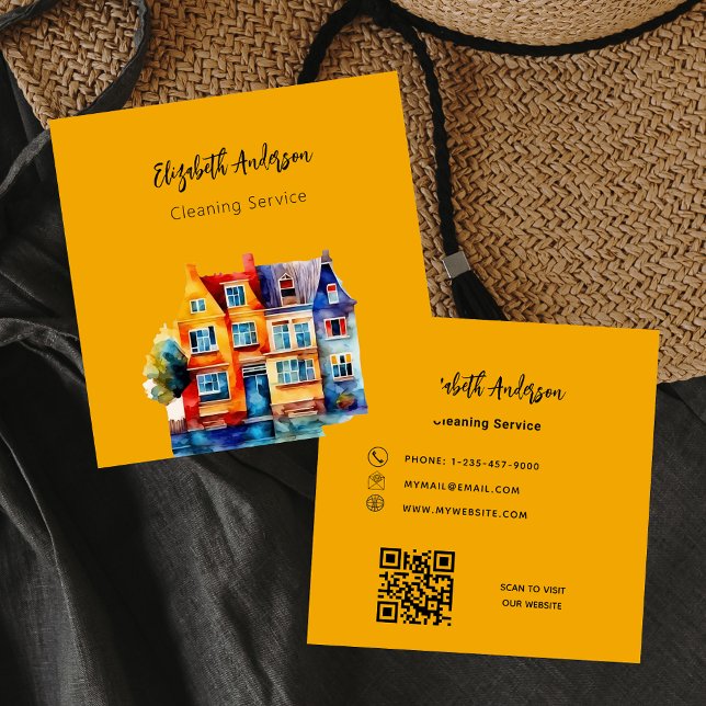 Orange home cleaning service QR code Square Business Card (Creator Uploaded)
