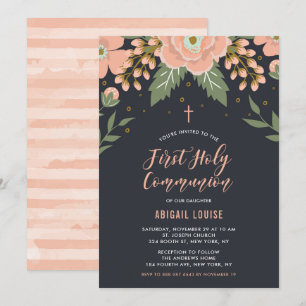 Orange Honey Blooms Floral First Holy Communion Invitation