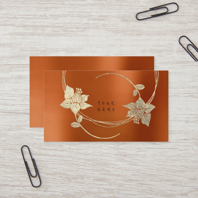 Orange Honey Maroon Foxier Gold Metallic Floral Business Card (Front/Back In Situ)