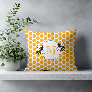 Orange Honeycomb and Bees Pattern Monogrammed Cushion