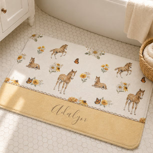 Orange Horse Wildflower Monogram Pattern Bath Mat