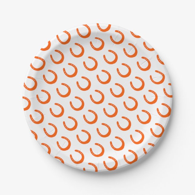 Orange Horseshoe Pattern Horse Pony Equestrian Fun Paper Plate (Front)