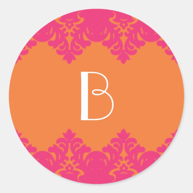 Orange & Hot Pink Damask Monogram Sticker (Front)
