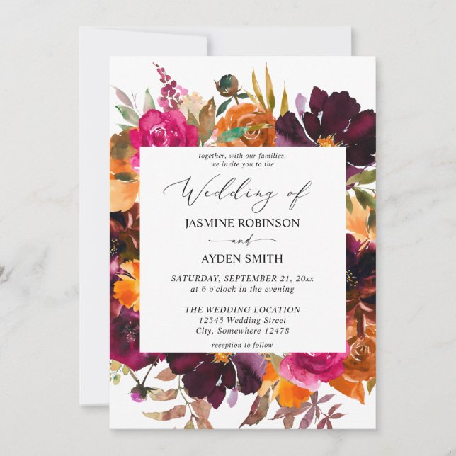 Orange, Hot Pink & Purple Fall Floral 2 Wedding Invitation (Front)