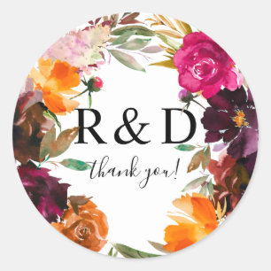 Orange, Hot Pink, & Purple Fall Floral Monogram 3- Classic Round Sticker