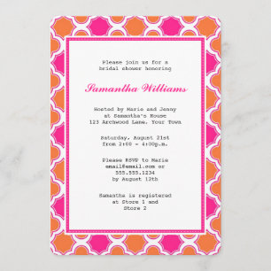 Orange & Hot Pink Quatrefoil Pattern Bridal Shower Invitation