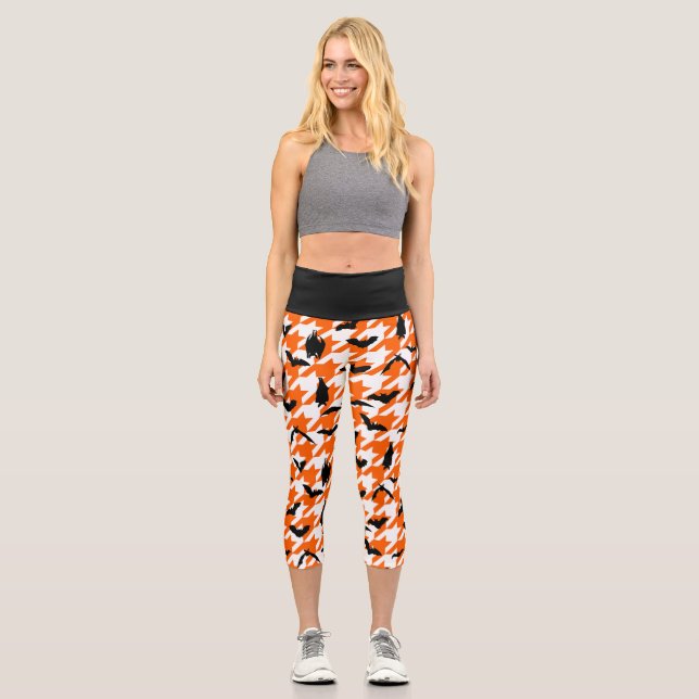 orange houndstooth halloween black bats  capri leggings (Front)