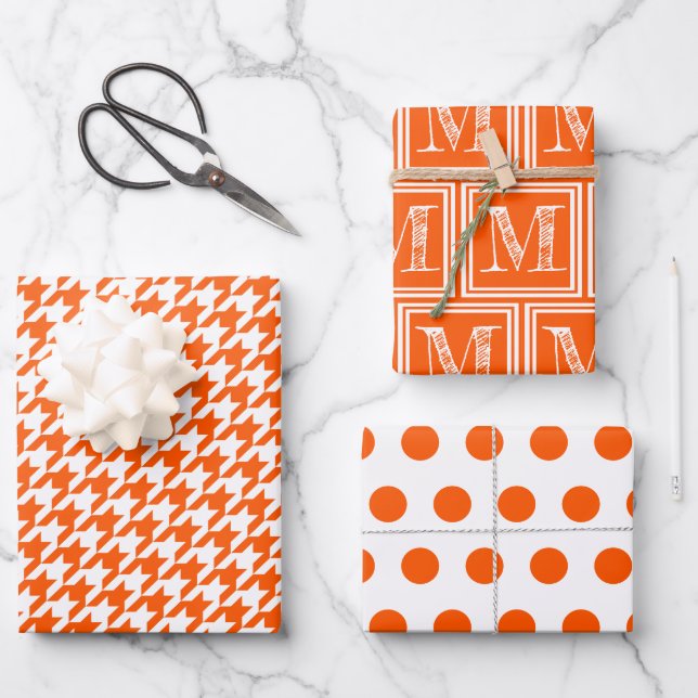 Orange Houndstooth Monogram Polka Dot Wrapping Paper Sheet (Front)