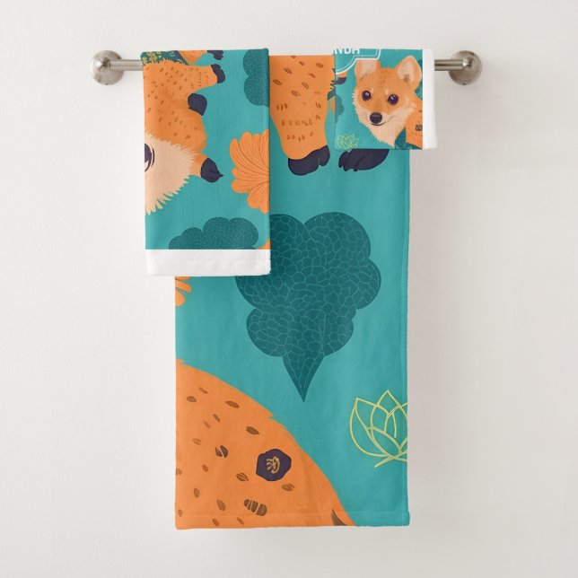 Orange Hyena Pastel Colourful Personalised Pattern Bath Towel Set (Insitu)