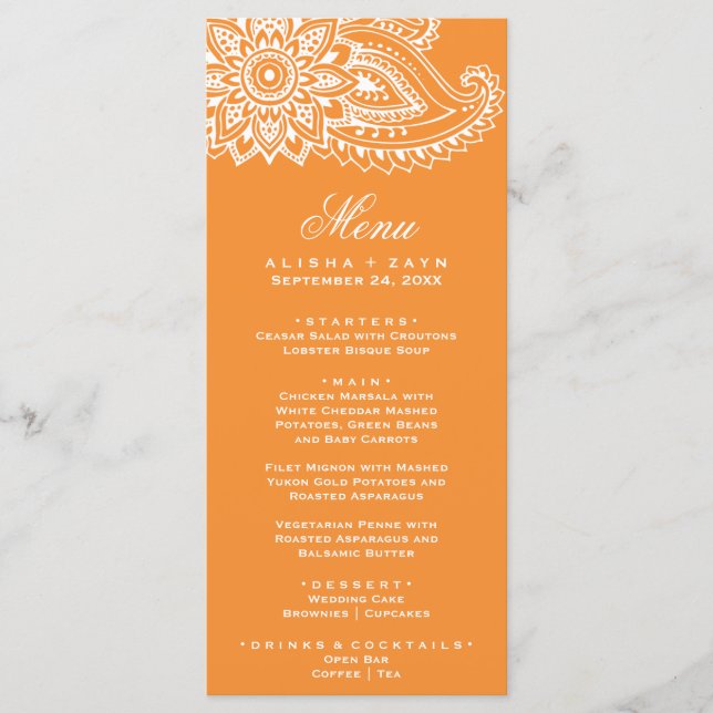 Orange Indian Paisley Dinner Menu Card (Front)